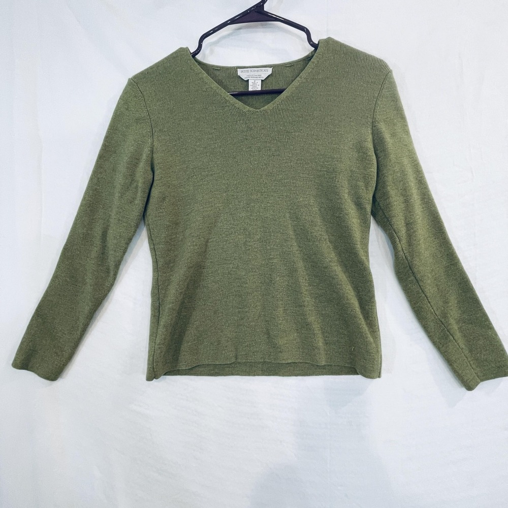 Petite Sophisticate Sweater Womens Small Green 100% Merino Wool V‎ Neck Pullover